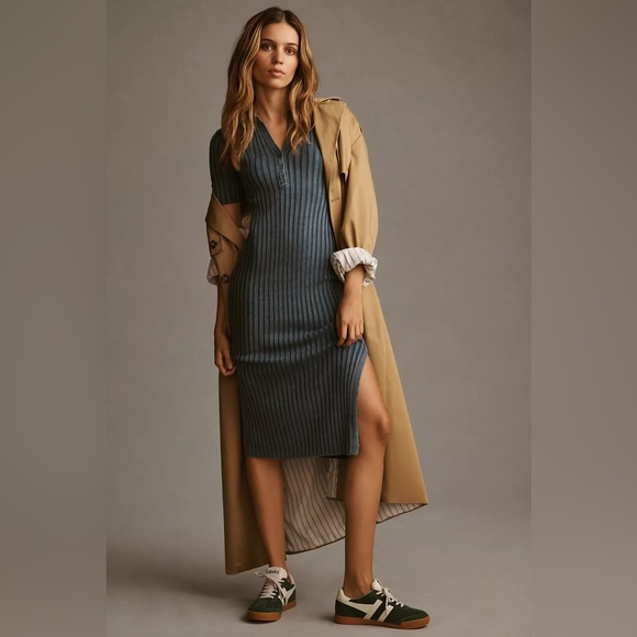 Daily Practice Dresses & Skirts - Daily Practice Ribbed Knit Polo Midi Dress Blue Short Sleeve M